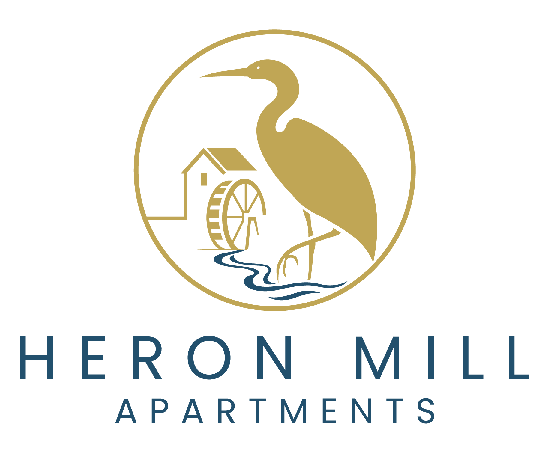 A logo for Heron Mill Apartments featuring a bird and a windmill.